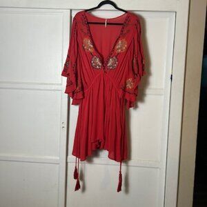 Free People Cora Embroidered Mini Dress Tunic Large Coral Red Boho Flutter Sleev